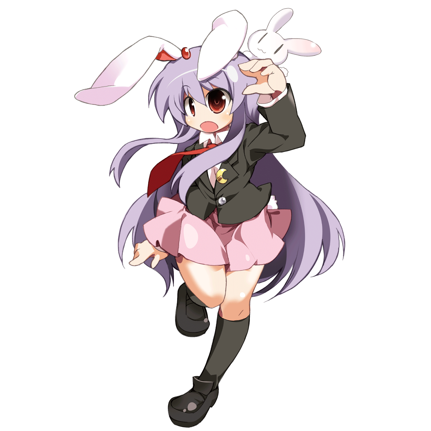 tomatomato (tomato kanzume), inaba mob (touhou), reisen udongein inaba, touhou, highres, 1girl, animal ears, blazer, female focus, full body, jacket, long hair, necktie, purple hair, rabbit, rabbit ears, red eyes, red necktie, skirt, solo, tail, thighhighs, transparent background, very long hair