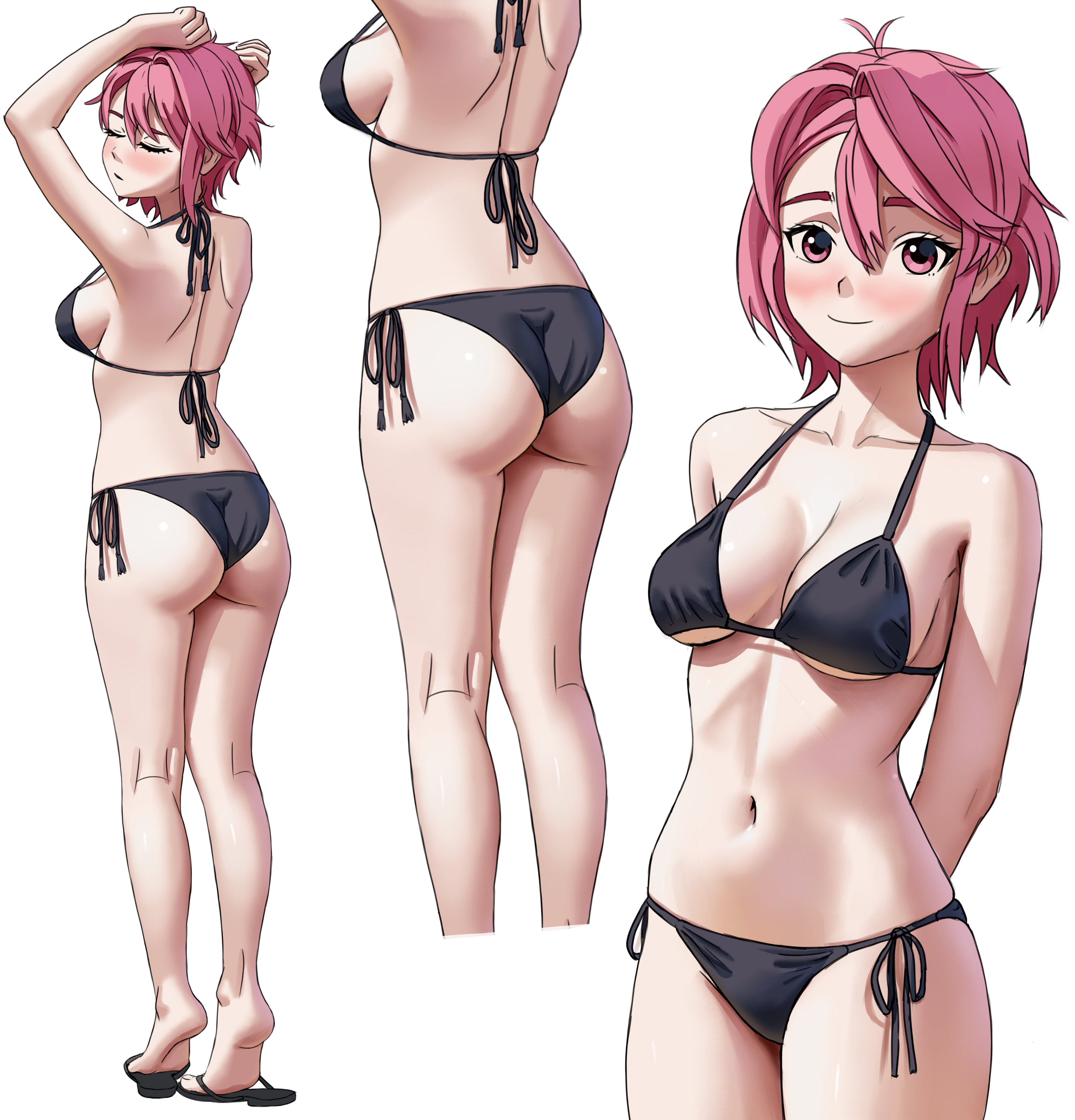 josival, shiratori aira (dandadan), dandadan, absurdres, commentary, english commentary, highres, 1girl, arms behind back, arms up, ass, bikini, black bikini, blush, breasts, closed eyes, collarbone, from behind, large breasts, looking at viewer, multiple views, navel, pink eyes, pink hair, sandals, short hair, side-tie bikini bottom, simple background, smile, stomach, swimsuit, white background