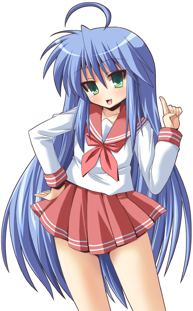 shinshin, izumi konata, lucky star, 00s, 1girl, ahoge, blue hair, female focus, green eyes, long hair, mole, mole under eye, school uniform, serafuku, solo, very long hair