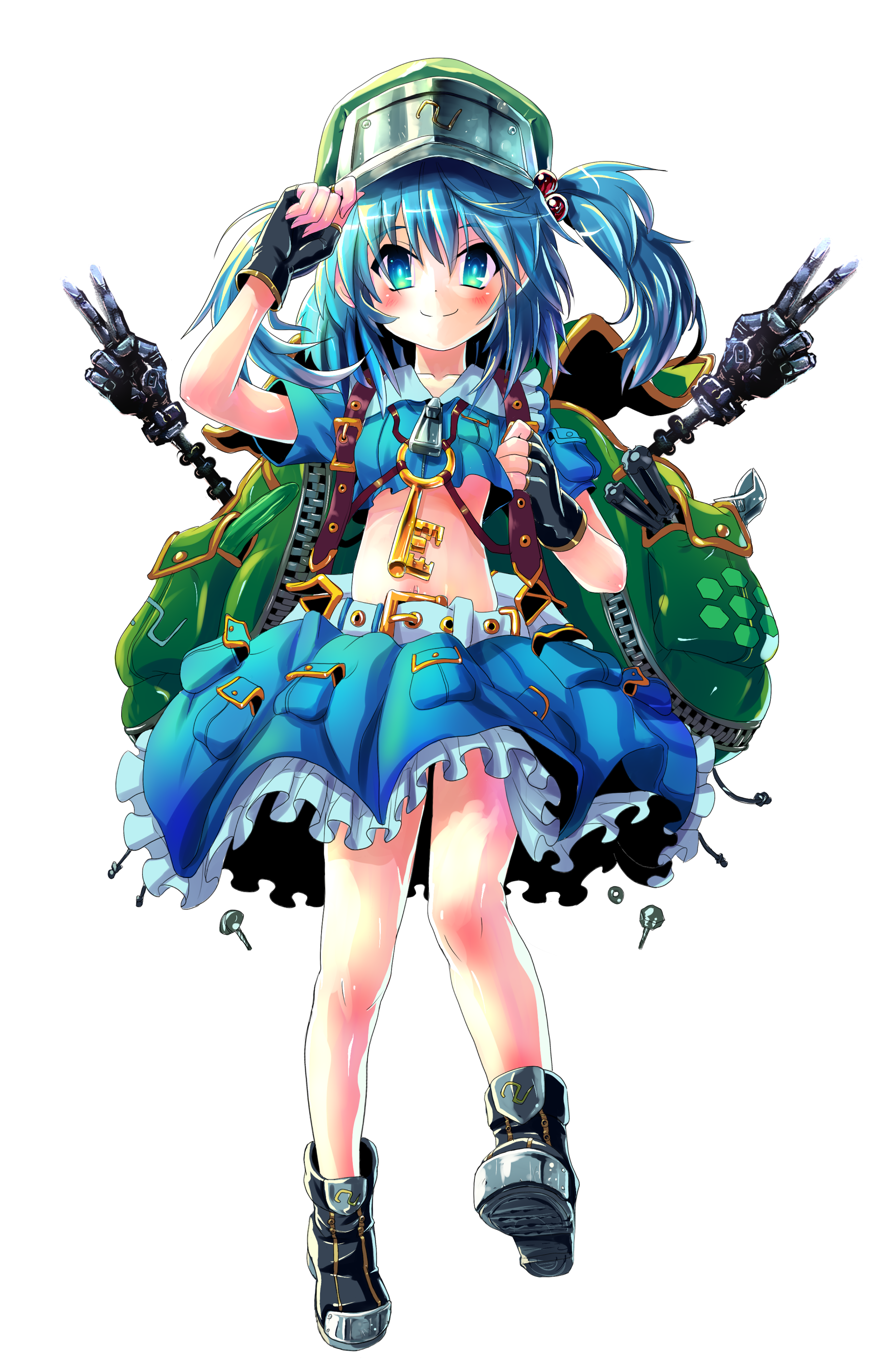 kabutoyama, kawashiro nitori, touhou, absurdres, highres, 1girl, adapted costume, adjusting clothes, adjusting headwear, aqua eyes, backpack, bag, belt, blue eyes, blue hair, blush, boots, female focus, fingerless gloves, full body, gloves, hair bobbles, hair ornament, hat, key, matching hair/eyes, mechanical arm, mechanical arms, midriff, navel, nobiiru arm, short hair, single mechanical arm, smile, solo, transparent background, twintails, two side up