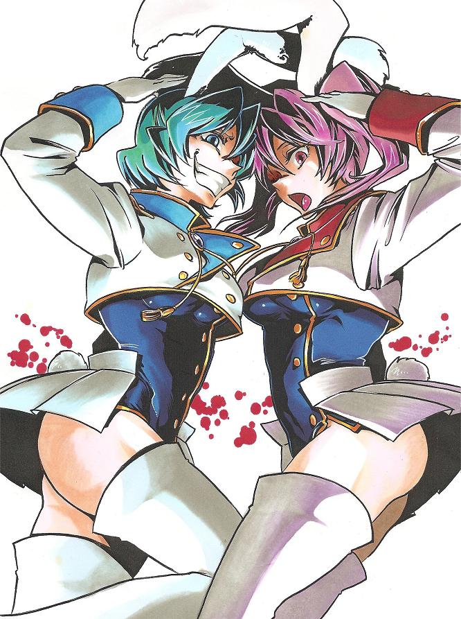 mokori, chiester410, chiester45, chiester sisters, 07th expansion, no naku koro ni (series), umineko no naku koro ni, bad id, bad pixiv id, traditional media, 2girls, animal ears, blue eyes, blue hair, grin, multiple girls, pink hair, rabbit ears, rabbit tail, red eyes, short hair, showgirl skirt, smile, smirk, tail, thighhighs, twintails