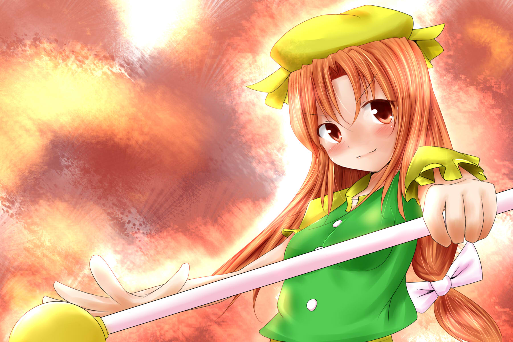 uniyon, orange (touhou), lotus land story, touhou, touhou (pc-98), highres, 1girl, beret, blush, female focus, hat, long hair, matching hair/eyes, orange eyes, orange hair, smile, solo, twirl baton, wand, weapon