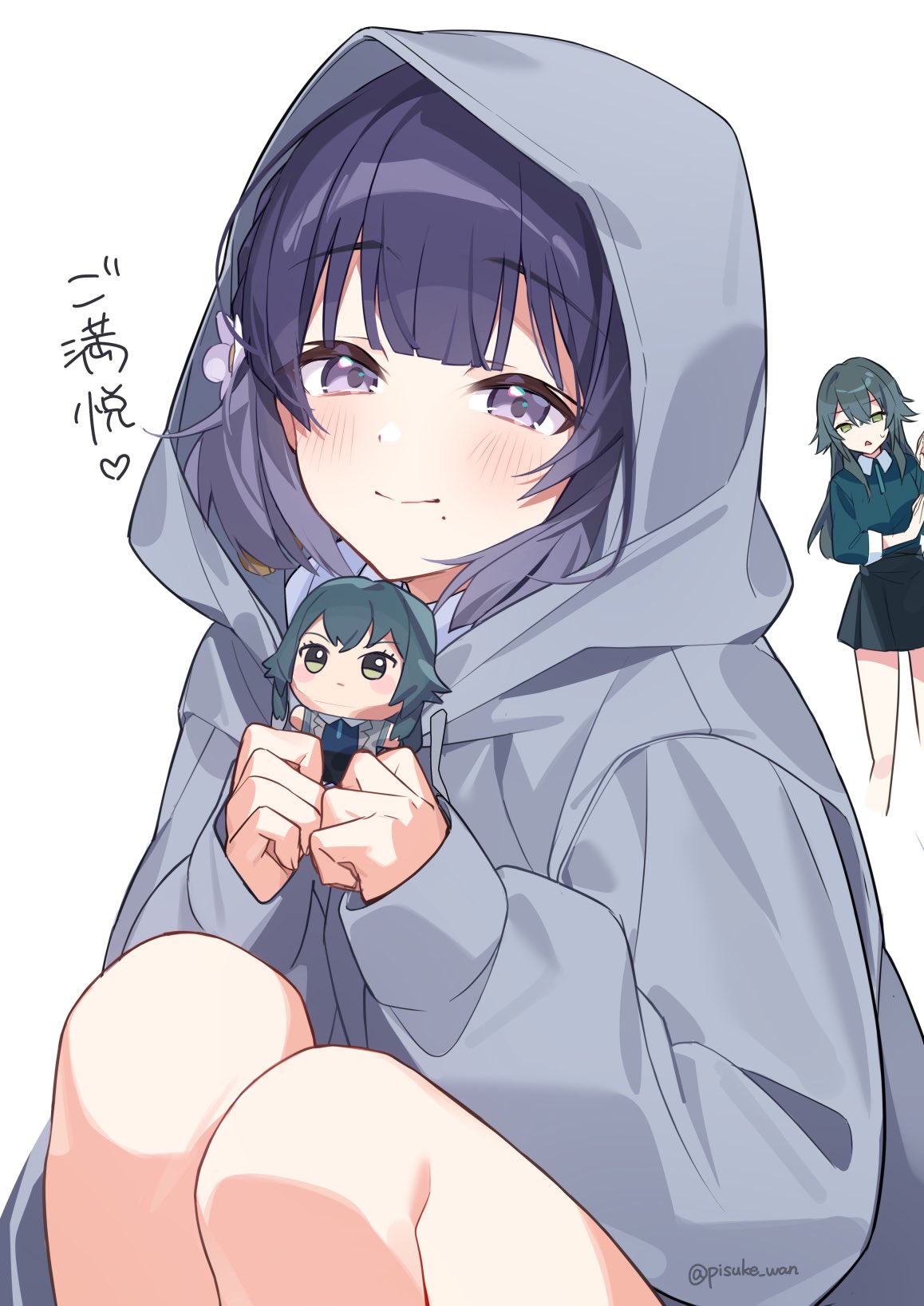 pisuke wan, hataya misuzu, tsukimura temari, gakuen idolmaster, idolmaster, commentary request, highres, translation request, 2girls, blush, character doll, chibigurumi, closed mouth, doll, flower, grey hoodie, hair flower, hair ornament, holding, holding doll, hood, hood up, hoodie, long sleeves, looking at viewer, mole, mole under mouth, multiple girls, purple eyes, purple hair, short hair, simple background, sleeves past wrists, smile, twitter username, white background