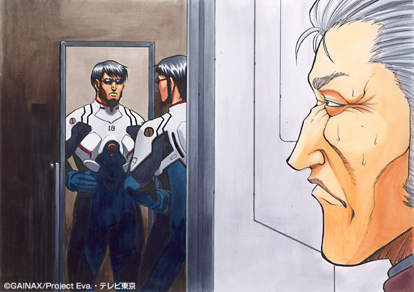 tamaru hiroshi, fuyutsuki kouzou, ikari gendou, ikari shinji, neon genesis evangelion, 2boys, age difference, cosplay, father and son, gainaxtop, glaring, ikari shinji (cosplay), looking at self, male focus, mecha pilot suit, mirror, multiple boys, plugsuit (evangelion), reflection, sunglasses, sweat