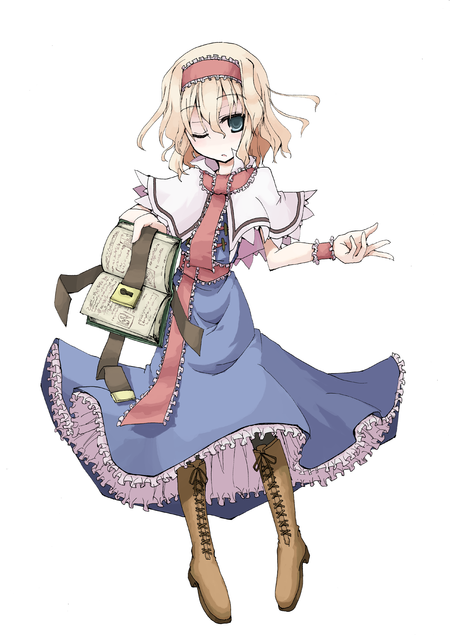 mochiki, alice margatroid, touhou, highres, 1girl, blonde hair, blue dress, blue eyes, book, boots, capelet, dress, female focus, foreshortening, frills, full body, grimoire, grimoire of alice, hairband, keyhole, lace-up boots, no nose, one eye closed, pantyhose, petticoat, short hair, solo, transparent background, wavy hair, wink, wrist cuffs