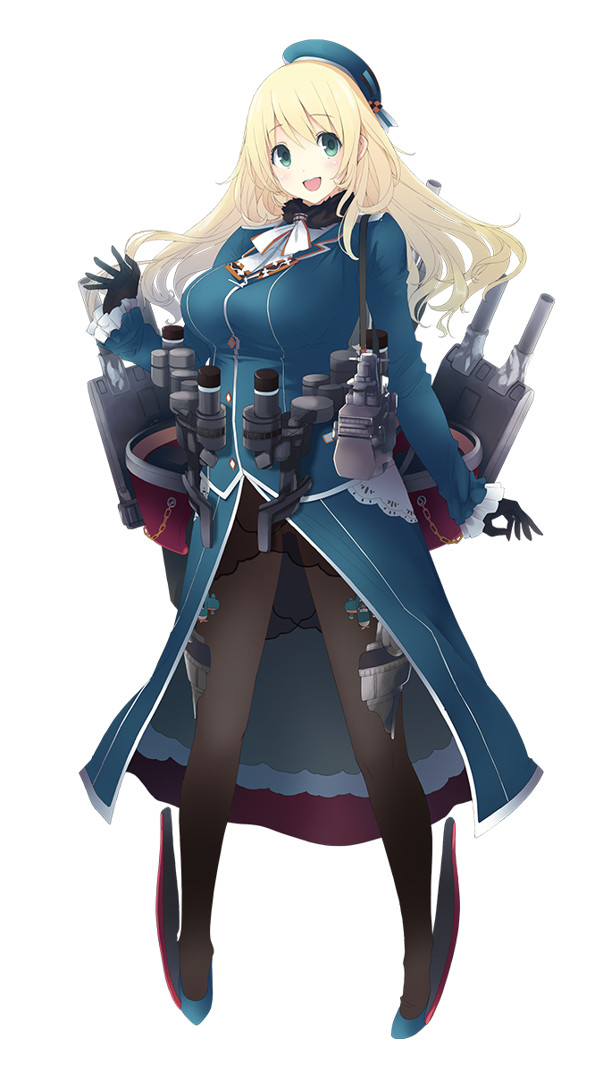 mikoto akemi, atago (kancolle), kantai collection, highres, official art, 1girl, black gloves, black pantyhose, blonde hair, full body, gloves, green eyes, long hair, open mouth, pantyhose, solo, transparent background