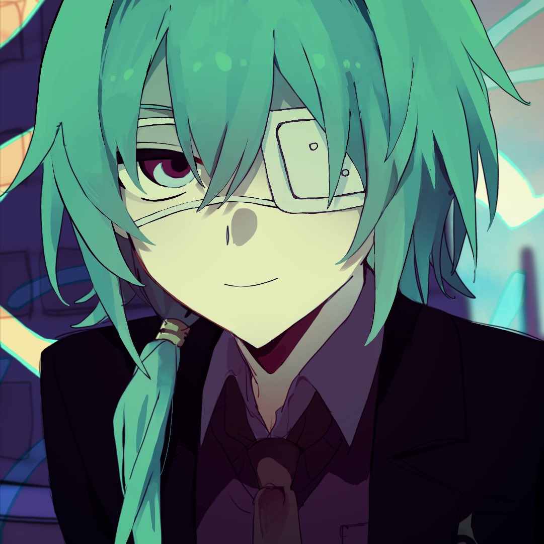 anaxa (honkai: star rail), honkai: star rail, honkai (series), commentary request, 1boy, alternate costume, aqua eyes, black suit, closed mouth, colored eyebrows, formal clothes, green hair, hair between eyes, hair intakes, hair ornament, hon milart, looking at viewer, necktie, one eye covered, smile, suit, upper body