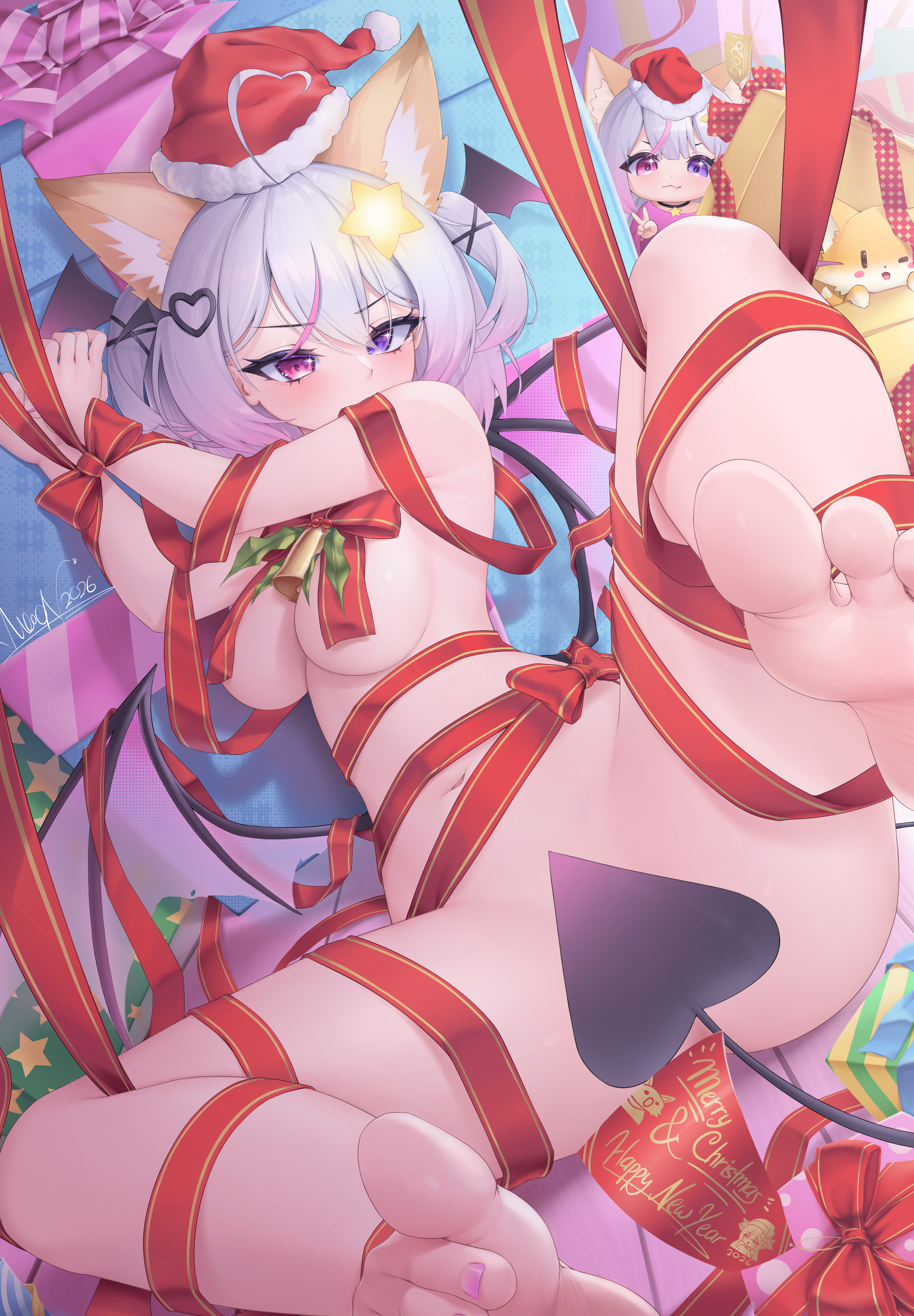 mooon (pixiv 41805161), annytf, indie virtual youtuber, absurdres, highres, 1girl, 2026, ahoge, animal ear fluff, animal ears, barefoot, bell, black wings, box, breasts, demon tail, fox ears, fur-trimmed headwear, fur trim, gift, gift box, grey hair, hair ornament, happy new year, hat, head wings, heart, heart hair ornament, heterochromia, low wings, merry christmas, multicolored hair, nail polish, naked ribbon, navel, new year, pink eyes, pink hair, purple eyes, purple nails, red hat, red ribbon, restrained, ribbon, santa hat, signature, star (symbol), star hair ornament, streaked hair, tail, toenail polish, toenails, v, virtual youtuber, wings