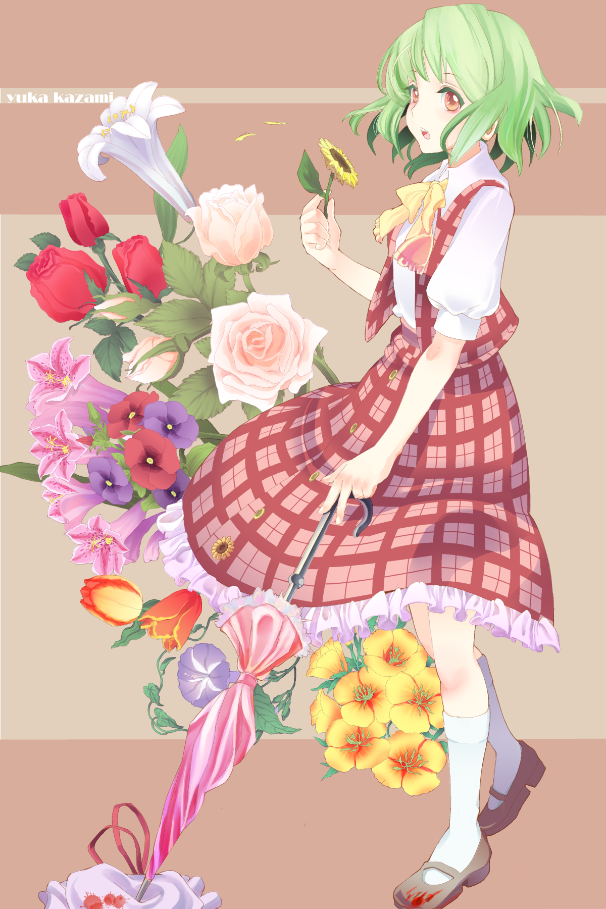 bunkyo takemi, kazami yuuka, yakumo yukari, touhou, bad id, bad pixiv id, highres, 1girl, ascot, blood, character name, closed umbrella, female focus, flower, green hair, hat, holding, holding flower, lily (flower), mary janes, mob cap, morning glory, open mouth, pink flower, pink rose, plaid clothes, plaid skirt, plaid vest, red eyes, red flower, red rose, rose, shoes, short hair, skirt, skirt set, socks, solo, sunflower, umbrella, vest, violet (flower), white socks