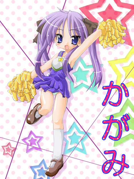 ehime mikan, hiiragi kagami, lucky star, 00s, 1girl, blue eyes, cheerleader, female focus, hair ribbon, kneehighs, long hair, one eye closed, open mouth, panties, pantyshot, pom pom (cheerleading), purple hair, ribbon, socks, solo, star (symbol), tsurime, twintails, underwear