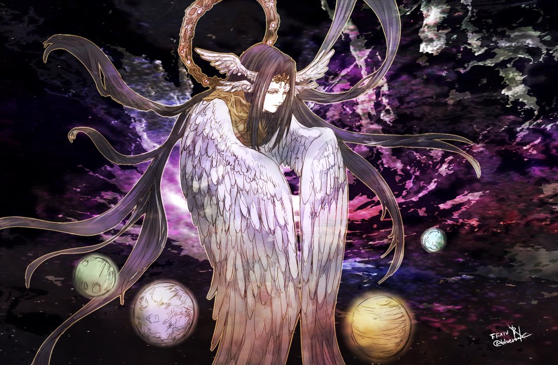ruka (blueplus84), the endsinger, final fantasy, final fantasy xiv, commentary, 1girl, bird wings, black hair, closed mouth, copyright name, curtained hair, feathered wings, floating hair, head wings, light frown, long hair, planet, solo, space, star (sky), twitter username, very long hair, white wings, wings, yellow eyes