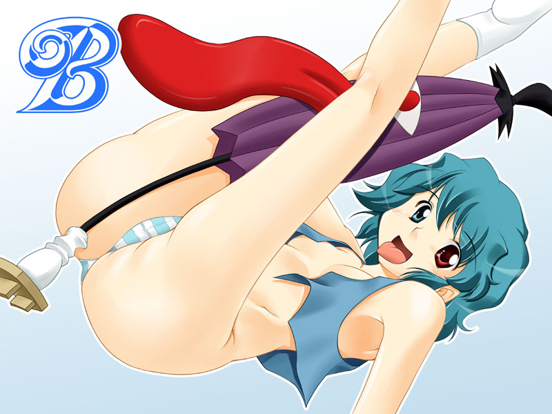k.m.station, km station, tatara kogasa, touhou, 1girl, blue eyes, female focus, flat chest, heterochromia, karakasa obake, no bra, no pants, panties, red eyes, short hair, solo, striped clothes, striped panties, tongue, umbrella, underwear
