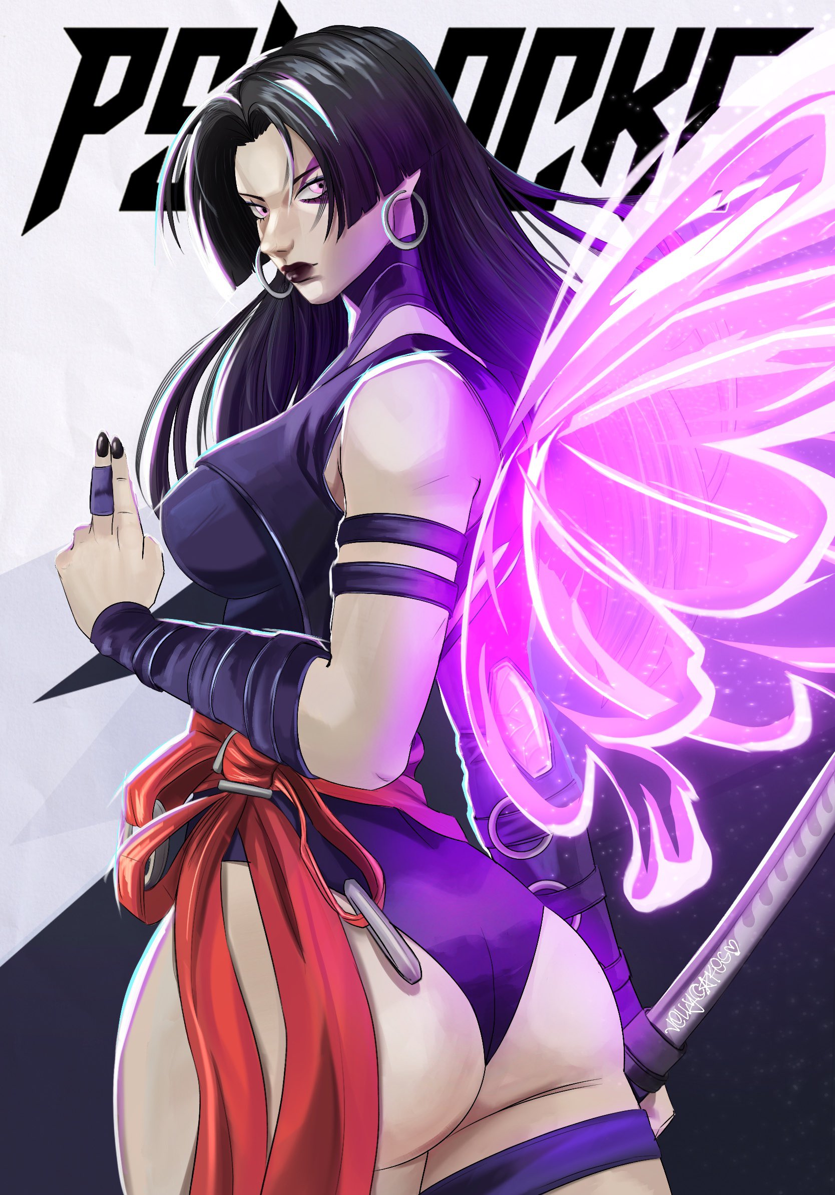 jellycaaakes, psylocke, psylocke (vengeance), marvel, marvel rivals, x-men, commentary, english commentary, highres, 1girl, ass, black hair, butterfly wings, character name, highleg, highleg leotard, holding, holding sword, holding weapon, insect wings, leotard, long hair, looking at viewer, purple eyes, purple leotard, red sash, sash, superhero costume, sword, waist sash, weapon, wings
