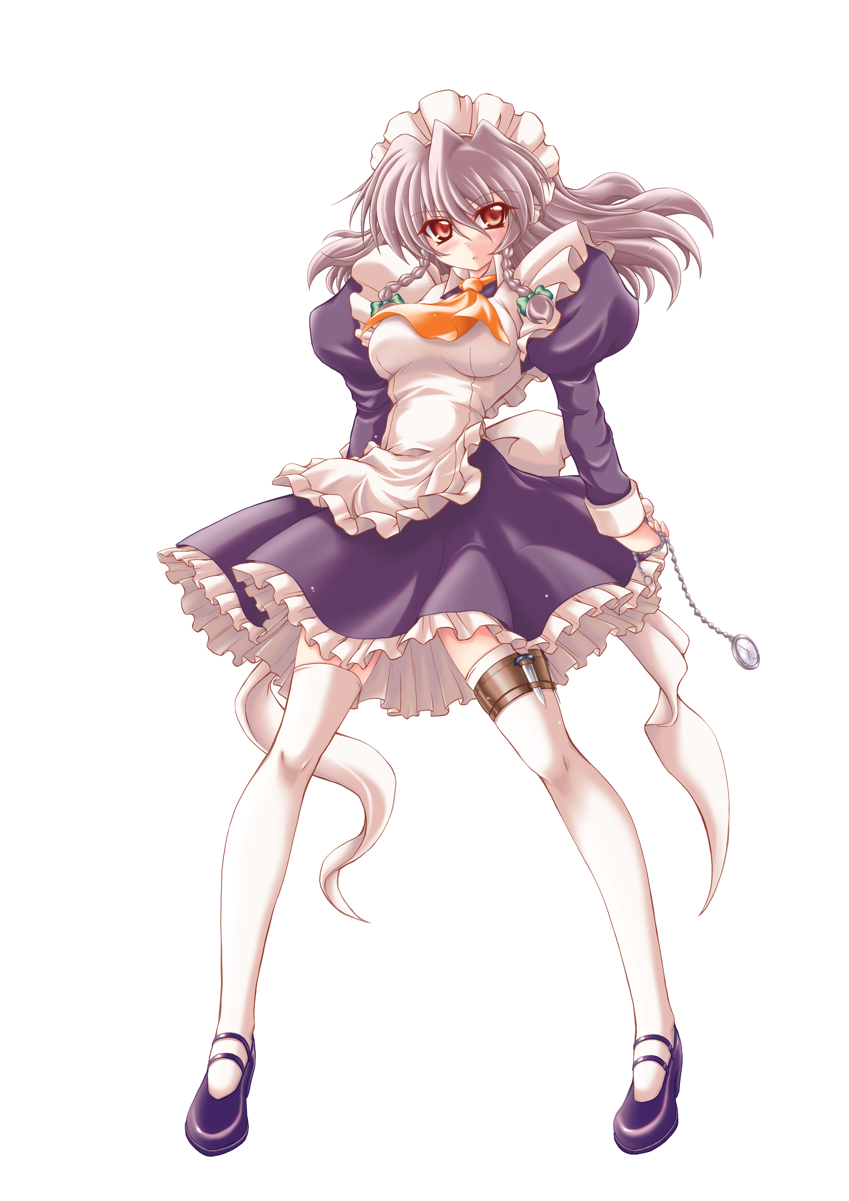 yume keikaku, izayoi sakuya, touhou, absurdres, bad id, bad pixiv id, highres, 1girl, breasts, female focus, full body, solo, thighhighs, transparent background