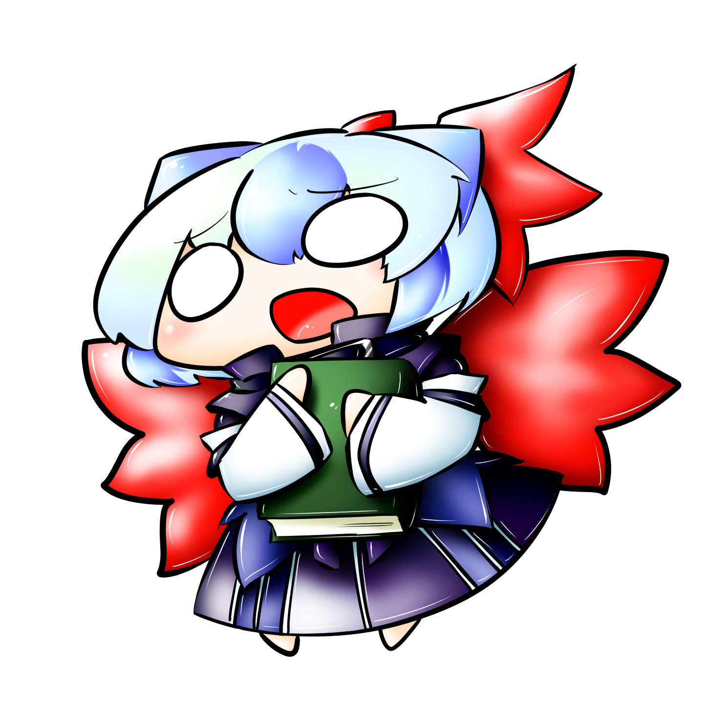 yaise, tokiko (touhou), curiosities of lotus asia, touhou, highres, 1girl, blue hair, book, chibi, female focus, full body, head wings, horns, multicolored hair, o o, open mouth, red wings, short hair, solo, transparent background, white eyes, wings
