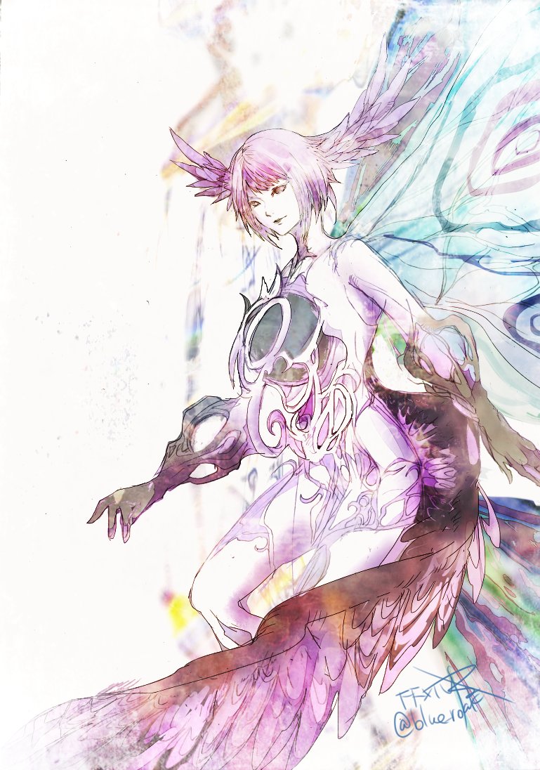 ruka (blueplus84), athena (ff14), final fantasy, final fantasy xiv, commentary, 1girl, blue wings, colored extremities, copyright name, feathered wings, head wings, insect wings, moth wings, multiple wings, purple eyes, purple hair, purple wings, short hair, solo, twitter username, wings