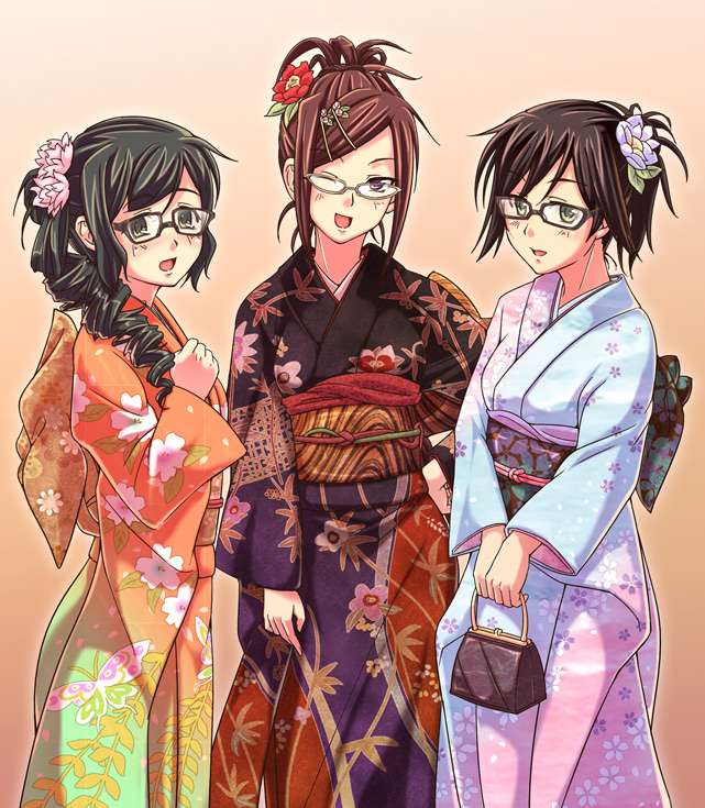 e20, amasaki aoi, houzumi kaede, houzumi satsuki, original, 3girls, brown hair, flower, glasses, green eyes, hair flower, hair ornament, hairclip, japanese clothes, kimono, multiple girls, one eye closed, purple eyes, short hair, wink