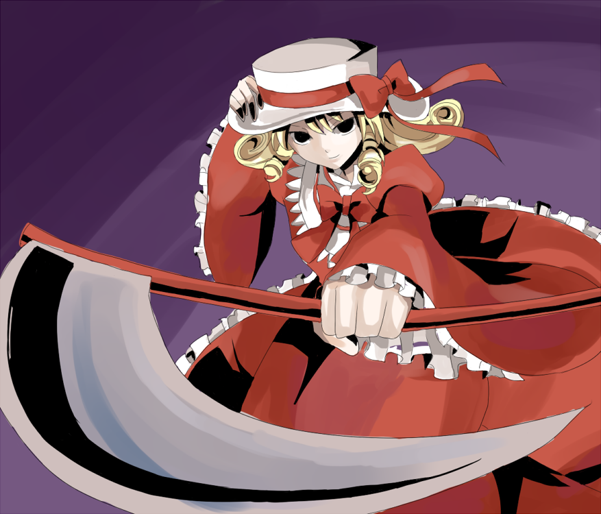 dise (psychoro), uiru, elly (touhou), lotus land story, touhou, touhou (pc-98), 1girl, black eyes, black nails, blonde hair, curly hair, dress, empty eyes, female focus, foreshortening, frills, hat, nail polish, scythe, short hair, smile, solo, weapon, wide sleeves