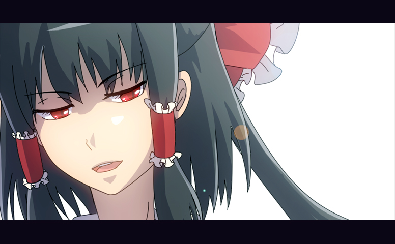 sakuyabm, hakurei reimu, touhou, 1girl, black hair, female focus, frills, hair ornament, letterboxed, looking down, open mouth, ponytail, portrait, red eyes, short hair, simple background, solo, white background