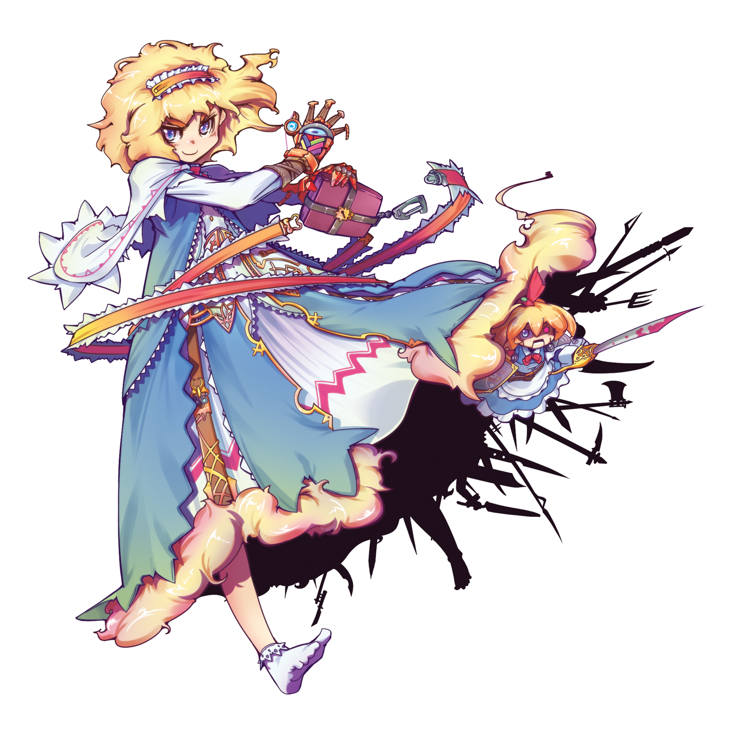 kage houshi, alice margatroid, shanghai doll, touhou, highres, 1girl, adapted costume, alternate costume, blonde hair, blood, blue eyes, bobby socks, book, bow, doll, dress, female focus, frills, full body, gloves, hair bow, hairband, long hair, magic, necktie, no shoes, ribbon, shadow, shield, short hair, smile, socks, solo, sword, transparent background, weapon