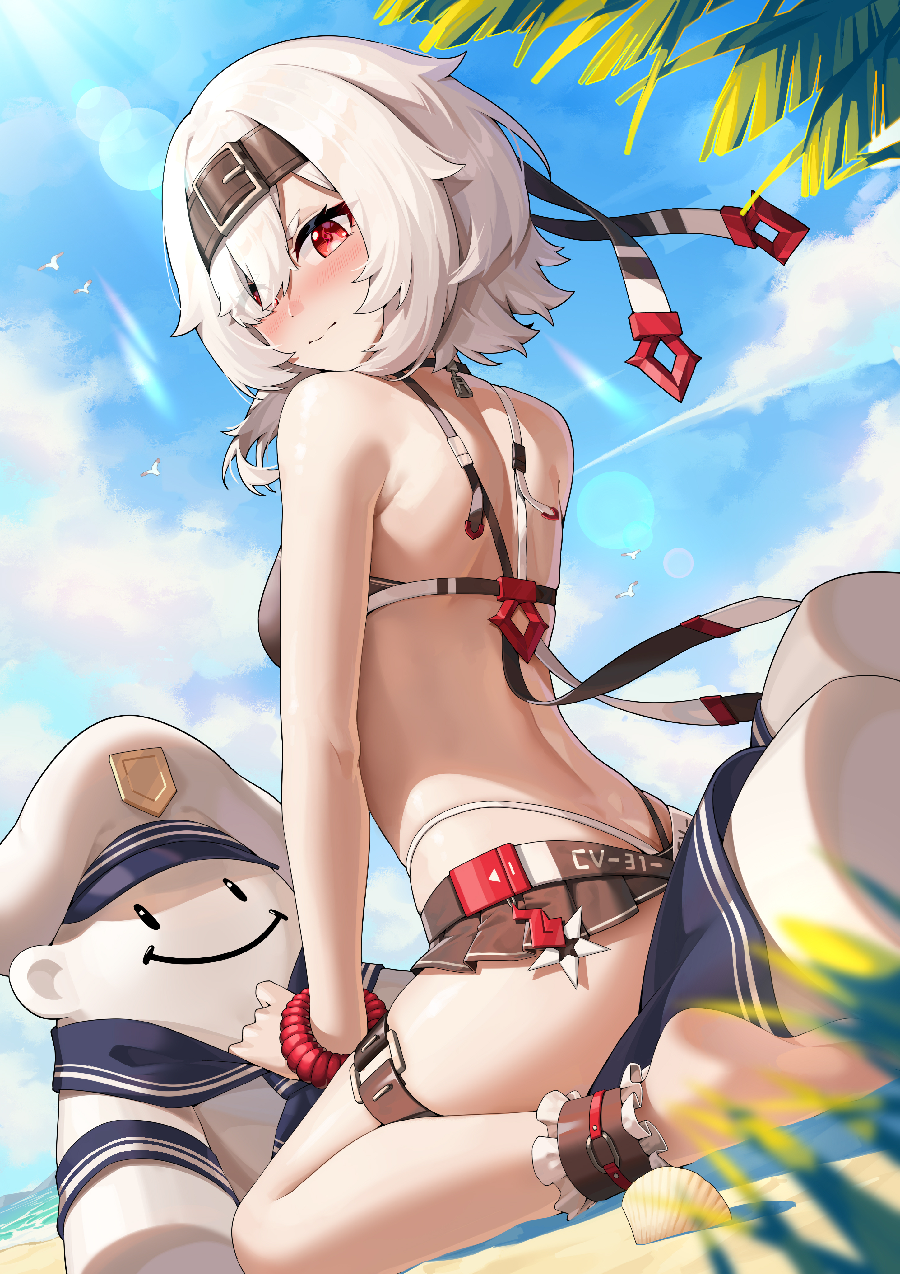 jfzm001, bon homme richard (azur lane), bon homme richard (meta) (azur lane), azur lane, absurdres, commentary request, commission, highres, partial commentary, pixiv commission, 1girl, beach, bikini, bikini skirt, black bikini, black hairband, blush, breasts, curious, day, from behind, from below, from side, full body, hair over one eye, hairband, highleg, highleg bikini, looking at viewer, looking back, looking down, ocean, on ground, outdoors, palm tree, red eyes, sitting, small breasts, solo, surprised, swimsuit, tree, wavy mouth, white hair