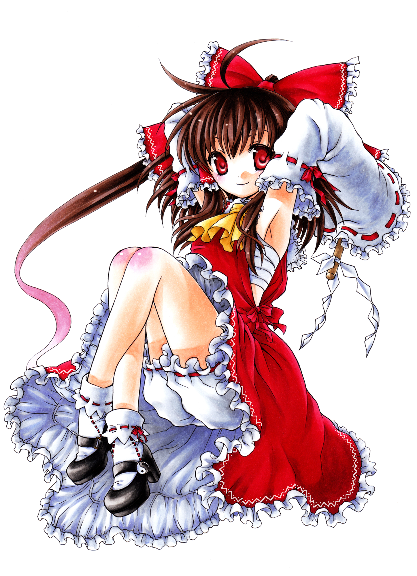 shinsui uri, hakurei reimu, touhou, bad id, bad pixiv id, highres, 1girl, armpits, arms up, bow, brown hair, detached sleeves, female focus, full body, hair bow, japanese clothes, miko, red eyes, short hair, solo, transparent background