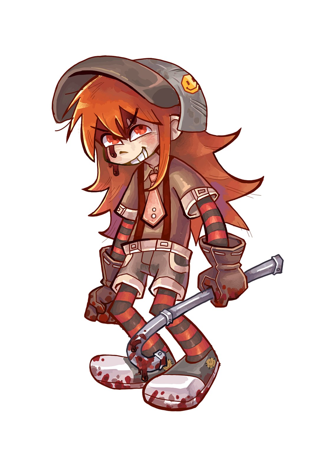 woooh, met (funamusea), funamusea, hashtag-only commentary, highres, 1girl, black blood, blood, blood on clothes, blood on face, brown gloves, brown shirt, brown shorts, evil smile, full body, gloves, grey shoes, helmet, holding, holding lead pipe, lead pipe, long hair, necktie, red eyes, red hair, red necktie, red suspenders, shirt, shoes, short sleeves, shorts, simple background, smile, smiley face, solo, striped arm warmers, striped clothes, striped thighhighs, thighhighs, white background
