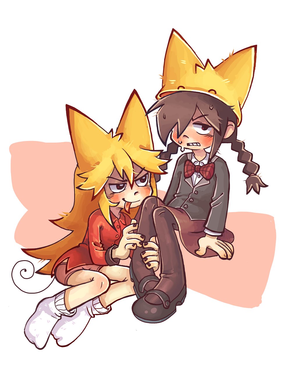 woooh, kurai yonaka, lord prosciutto, moge-ko, funamusea, mogeko castle, hashtag-only commentary, highres, 2girls, animal ears, annoyed, bare shoulders, black eyes, black hair, black nails, black pantyhose, black shoes, blonde hair, bow, bowtie, braid, bright pupils, brown jacket, buttons, cat ears, cat girl, cat tail, closed mouth, collared shirt, hair over one eye, hat, jacket, jitome, light blush, looking at another, looking at viewer, multiple girls, no shoes, panties, pantyhose, plaid bow, plaid bowtie, plaid clothes, red bow, red bowtie, red panties, red shirt, red skirt, shaded face, shirt, shoes, sitting, skirt, socks, sweat, tail, teeth, tongue, tongue out, twin braids, underwear, white background, white pupils, white shirt, white socks, yellow hat