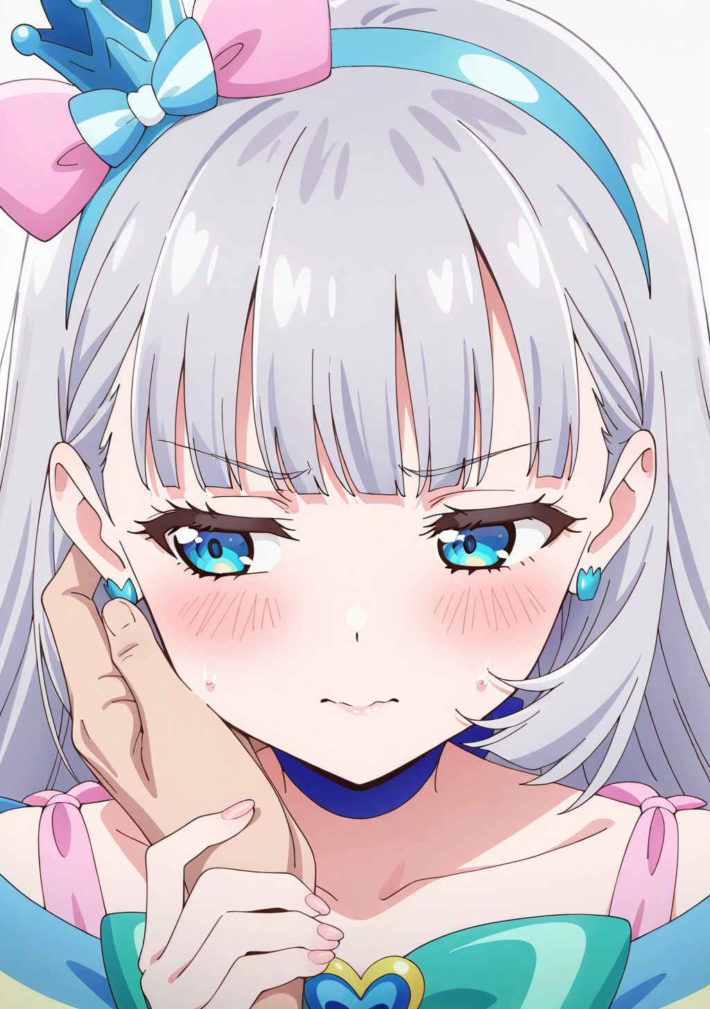 cure nyammy, nekoyashiki yuki, precure, wonderful precure!, commentary request, highres, 1girl, aachan (aacyanchi), blue bow, blue choker, blue crown, blue eyes, blue hairband, bow, brooch, choker, close-up, closed mouth, collarbone, crown, earrings, embarrassed, fingernails, grey hair, hair bow, hairband, hand on another's wrist, heart, heart brooch, jewelry, long hair, looking to the side, magical girl, mini crown, nervous, pink bow, pointed crown, simple background, solo focus, tsundere, upper body, wavy mouth, white background