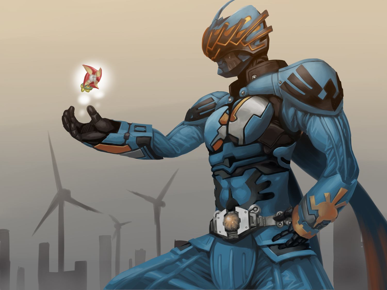 obui, fuuto-kun, nasca dopant, kamen rider, kamen rider w, 1boy, belt, gradient background, male focus, monster, nazca dopant, outdoors, sky, solo