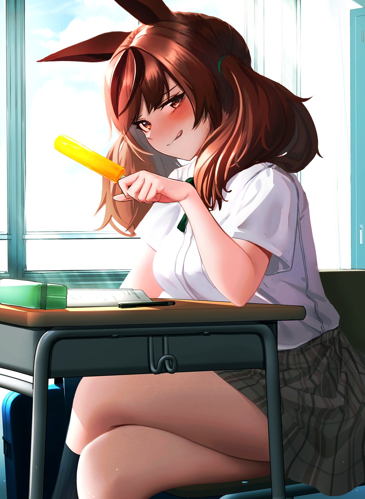 hoshikuzu kizuna (kizuna stardust), nice nature (umamusume), umamusume, commentary request, highres, 1girl, alternate costume, animal ears, black skirt, black socks, black streaks, blush, breasts, brown eyes, brown hair, chair, desk, food, holding, holding food, holding popsicle, horse ears, horse girl, indoors, kneehighs, long hair, looking at viewer, multicolored hair, on chair, pencil case, plaid clothes, plaid skirt, pleated skirt, popsicle, school chair, school desk, school uniform, shirt, short sleeves, sitting, skirt, socks, solo, streaked hair, thick thighs, thighs, tongue, tongue out, twintails, white shirt