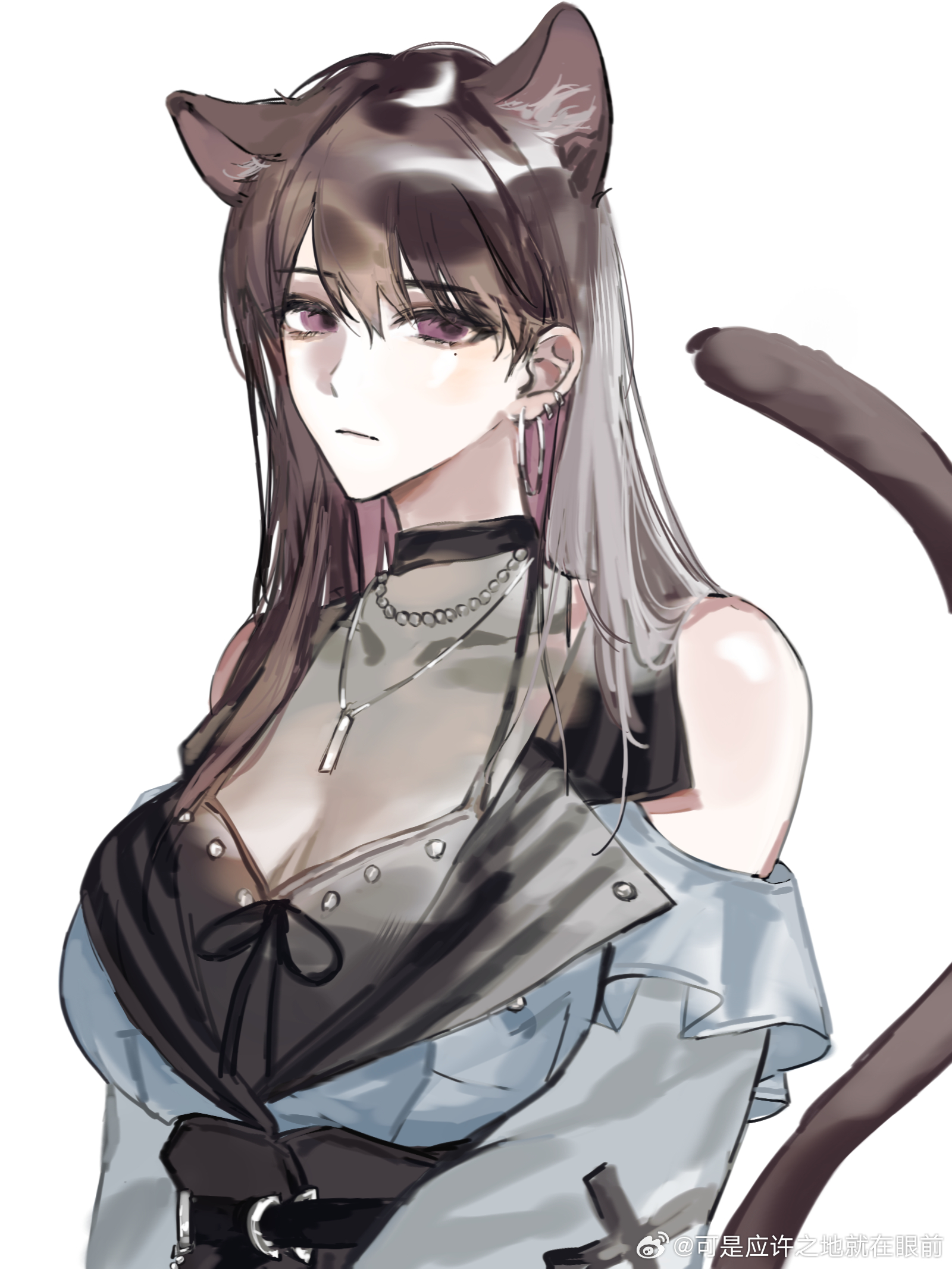 feiyu30903448, shiina taki, bang dream!, bang dream! it's mygo!!!!!, chinese commentary, commentary request, highres, 1girl, animal ears, breasts, brown hair, cat ears, cat girl, cat tail, closed mouth, ear piercing, jewelry, kemonomimi mode, large breasts, long hair, mole, mole under eye, necklace, piercing, purple eyes, solo, tail, upper body