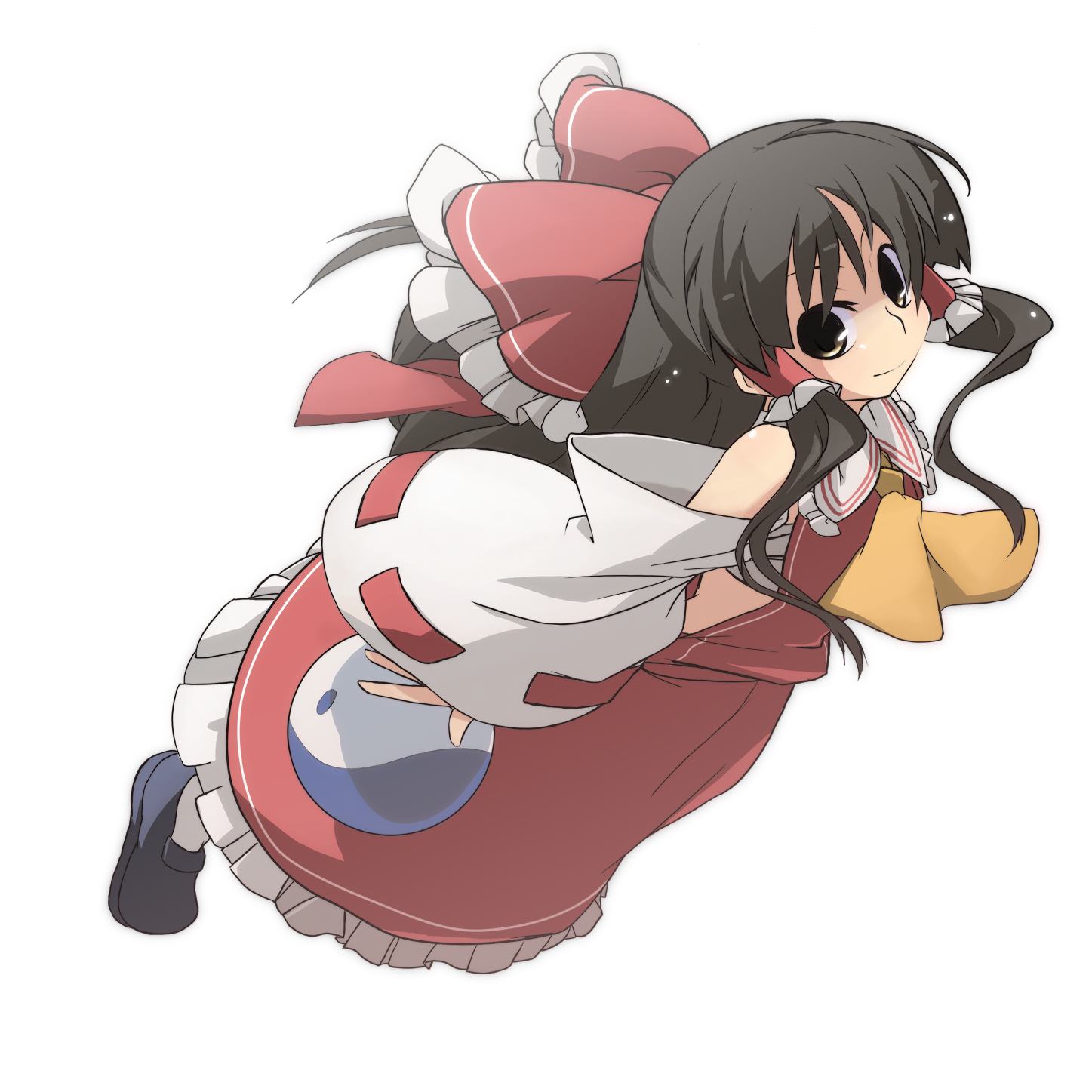 sasurai, hakurei reimu, touhou, bad id, bad pixiv id, highres, 1girl, black hair, bow, brown eyes, detached sleeves, female focus, full body, hair bow, japanese clothes, long hair, miko, ribbon, sarashi, solo, transparent background, yin yang