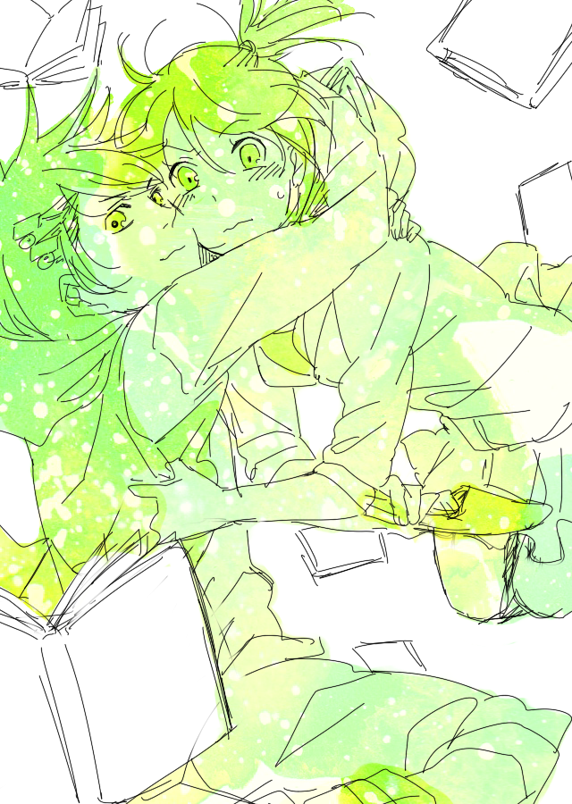 sa-bu, sabu (sa-bu), narumi akiko, philip (kamen rider), kamen rider, kamen rider w, 1boy, 1girl, arms around neck, blush, book, cheek-to-cheek, floating, green theme, hair ornament, heads together, hetero, hood, hoodie, hug, long sleeves, looking at viewer, monochrome, philip, side ponytail, simple background, skirt, slippers, sweatdrop, vest, white background