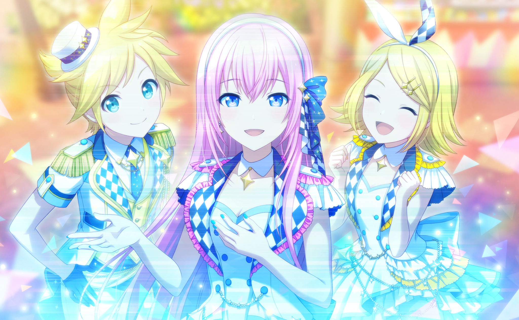 colorful palette, kagamine len, kagamine rin, megurine luka, more more jump! len, more more jump! luka, more more jump! rin, project sekai, vocaloid, game cg, highres, official art, third-party source, 1boy, 2girls, ^ ^, aqua eyes, black gloves, blonde hair, blue eyes, blurry, blurry background, blush, bow, bow hairband, breasts, buddy funny spend time (project sekai), cleavage, clenched hands, closed eyes, closed mouth, collar, collared shirt, detached collar, dress, epaulettes, frills, gloves, hair ornament, hairband, hairclip, hat, hologram, idol clothes, looking at viewer, multiple girls, necktie, pink hair, shirt, smile, spiked hair, triangle, white bow, white collar, white dress, white hat, white shirt