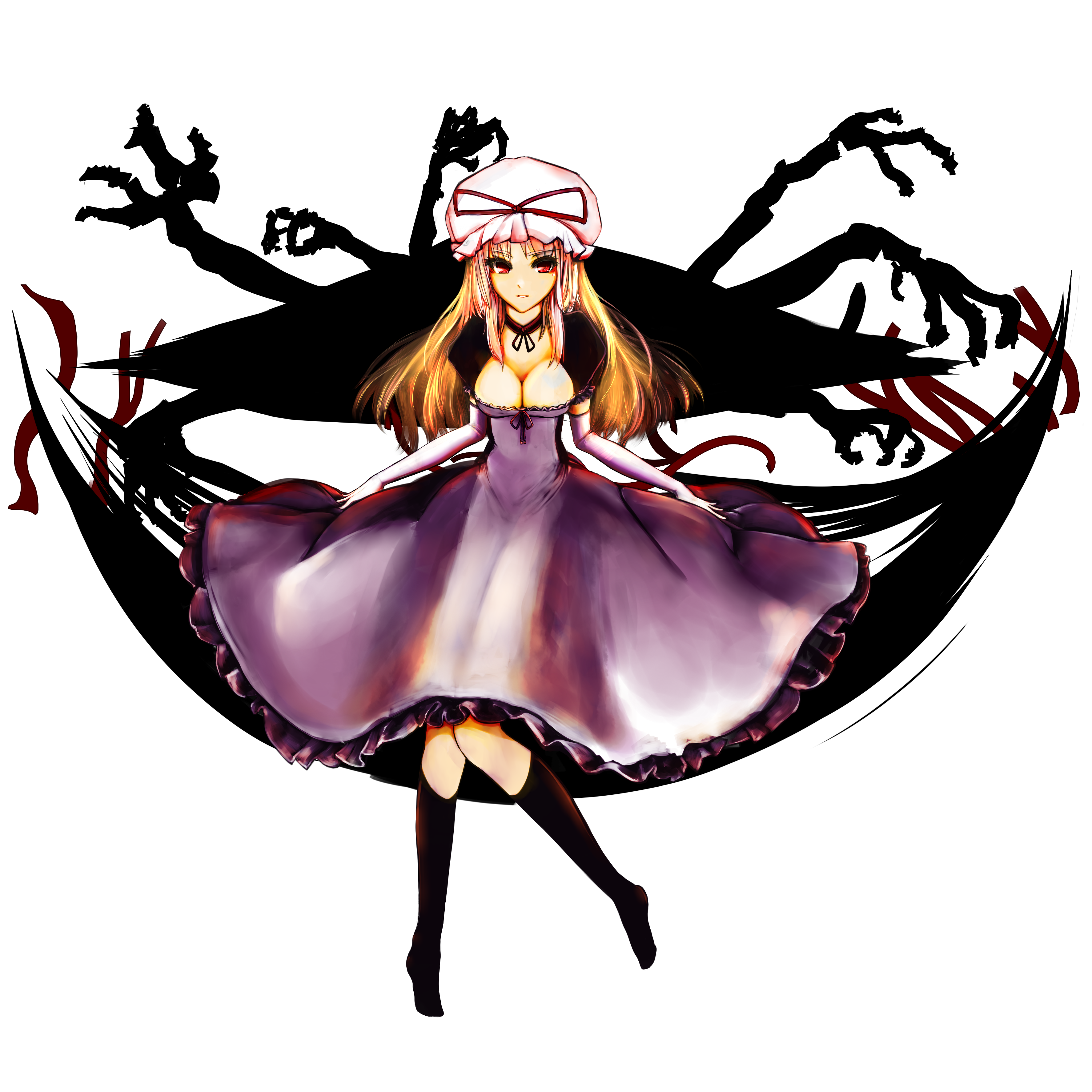 virus (obsession), yakumo yukari, touhou, absurdres, bad id, bad pixiv id, highres, 1girl, blonde hair, elbow gloves, female focus, full body, gap (touhou), gloves, hat, red eyes, solo, transparent background, white gloves