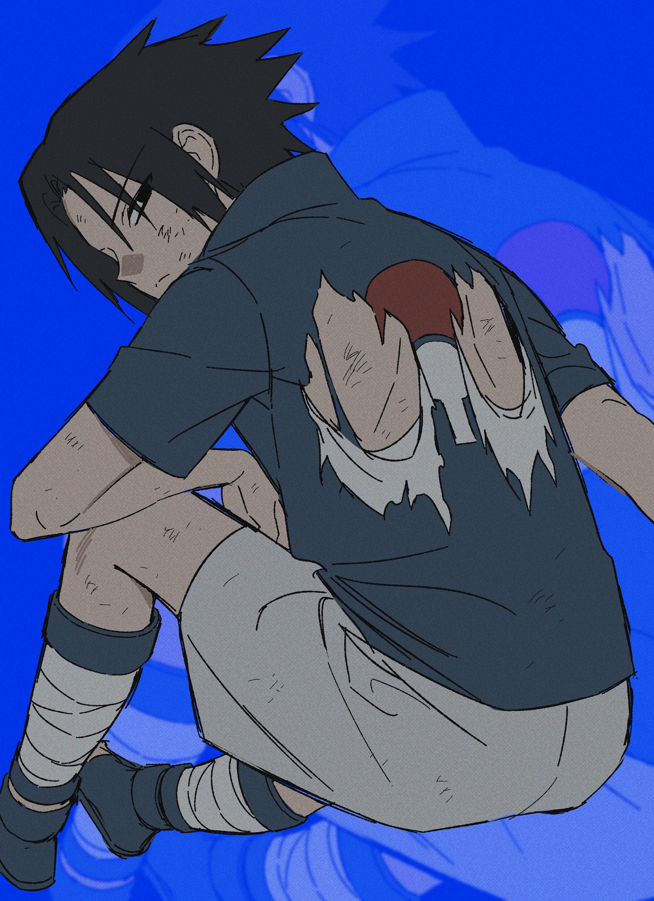 uchiha sasuke, naruto (series), absurdres, commentary request, highres, korean commentary, 1boy, bandaged leg, bandages, black eyes, black hair, black shirt, black shoes, blue eyes, dirty, dirty clothes, dirty face, grey shorts, hair between eyes, looking at viewer, male focus, n1conicosmile, parted bangs, shirt, shoes, short hair, short sleeves, shorts, sitting, solo, spiked hair, torn clothes, torn shirt