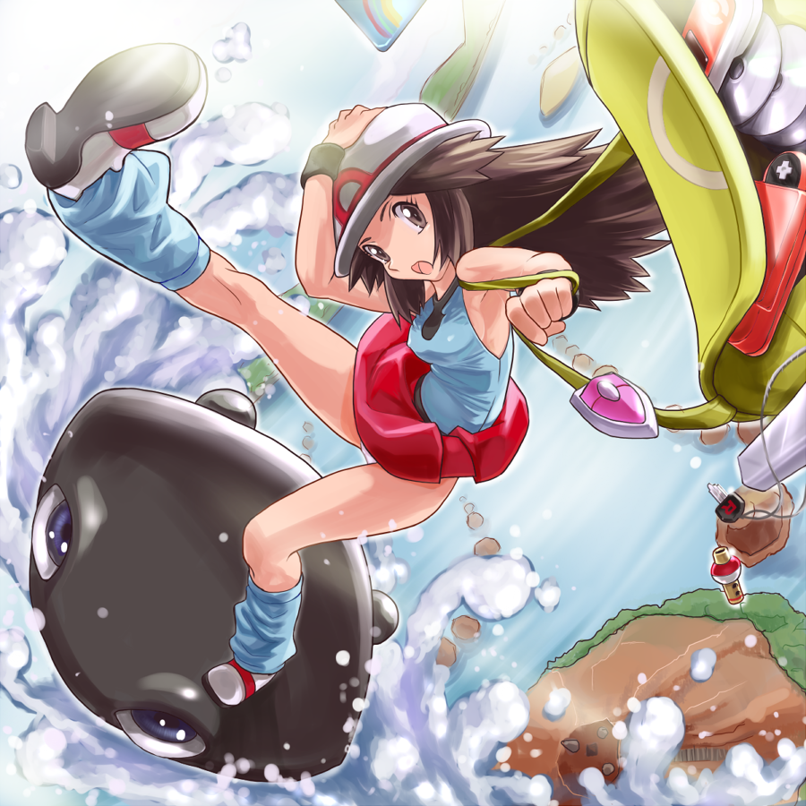 otsukare, leaf (pokemon), surf sprite (pokemon), nintendo, pokemon, pokemon frlg, annotated, 00s, 1girl, arm up, armpits, bag, bare shoulders, belt, blue background, blue shirt, blue socks, blue theme, breasts, brown eyes, brown hair, card, cd, clothes lift, covered erect nipples, creature, day, falling, fame checker, female focus, flipped hair, floating card, flute, from above, hand on headwear, hat, head tilt, holding, instrument, island, key, kneehighs, leg up, legs, lift key, long hair, looking at viewer, looking up, loose socks, medium breasts, ocean, on head, open bag, open mouth, outdoors, outstretched leg, panties, pantyshot, perspective, poke ball theme, poke flute, pokedex, pokemon (creature), pokemon move, porkpie hat, purple eyes, rainbow pass, riding, riding pokemon, rock, shirt, shoulder bag, sideboob, sidelocks, skirt, skirt lift, sleeveless, sleeveless shirt, socks, solo, standing, strap, surfing, surprised, team rocket, thighs, underwear, upskirt, vs seeker, water, water drop, waves, white hat, white panties, wristband