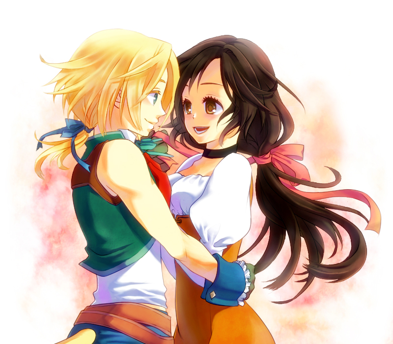 cinnamon1445, garnet til alexandros xvii, zidane tribal, final fantasy, final fantasy ix, 00s, 1boy, 1girl, bare shoulders, blonde hair, blue eyes, blue ribbon, bodysuit, brown eyes, brown hair, choker, couple, green eyes, hair ribbon, happy, hetero, hug, latex, long hair, low-tied long hair, open mouth, pink ribbon, ponytail, ribbon, short hair, smile