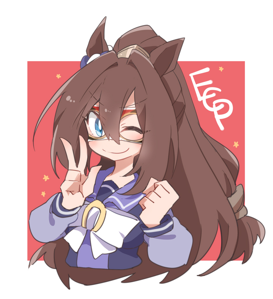 beer hsk, el condor pasa (umamusume), umamusume, 1girl, ;), bow, clenched hand, closed mouth, cropped torso, eye mask, hands up, initial, long hair, looking at viewer, mask, one eye closed, ponytail, puffy short sleeves, puffy sleeves, purple shirt, school uniform, shirt, short sleeves, smile, solo, tracen school uniform, upper body, v, very long hair, white bow