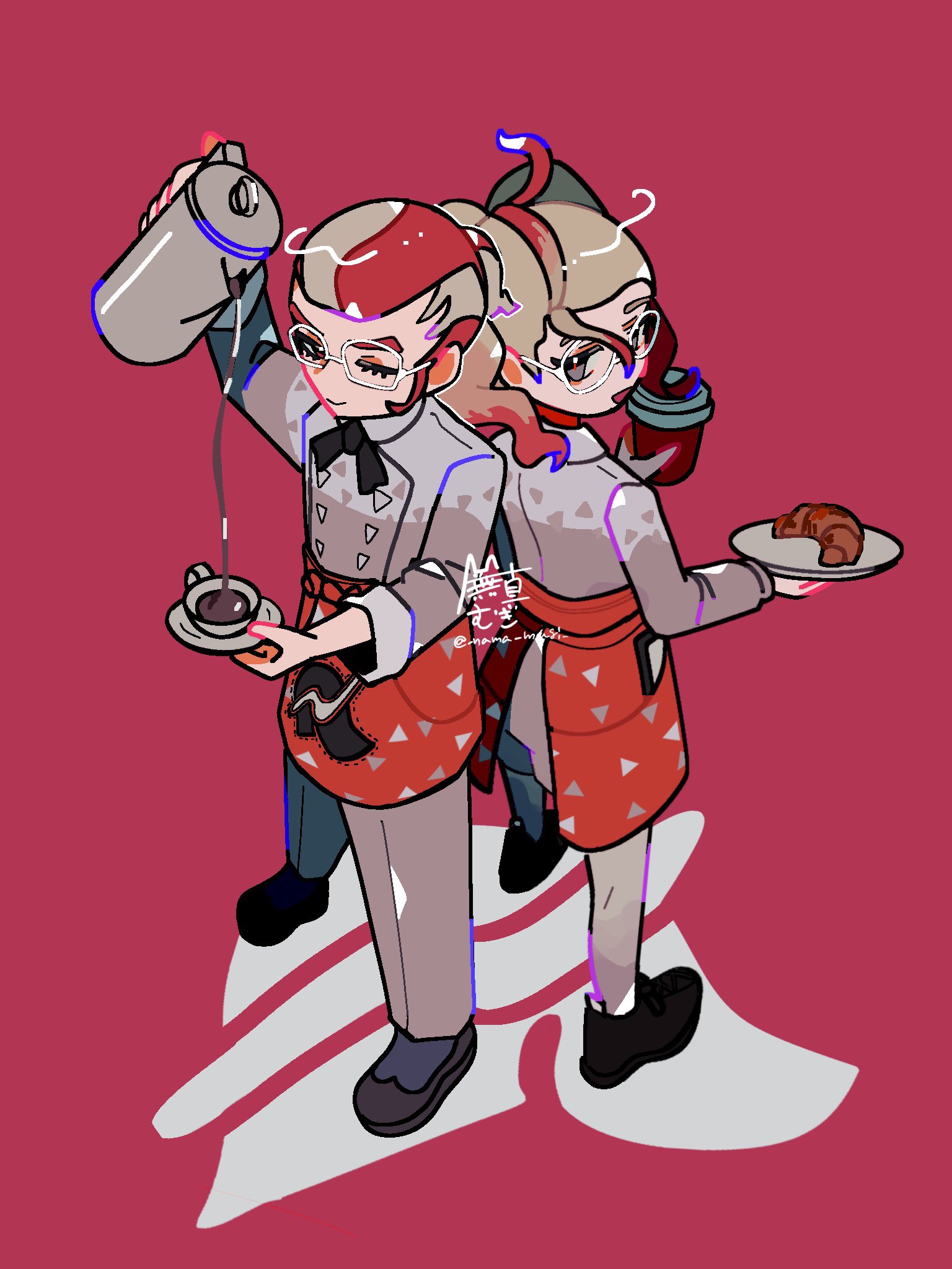 nama mugi, griselle (pokemon), grisham (pokemon), nintendo, pokemon, pokemon legends: z-a, commentary request, highres, 1boy, 1girl, :>, apron, black bow, black bowtie, black shoes, blonde hair, bow, bowtie, coffee pot, croissant, food, full body, grey pants, grey shirt, hair pulled back, holding, holding coffee pot, holding plate, looking at viewer, lower eyelashes only, multicolored hair, one eye closed, open mouth, pants, plate, ponytail, pouring, print apron, red apron, red background, red hair, shirt, shoes, simple background, standing, two-tone hair, waist apron, white-framed eyewear