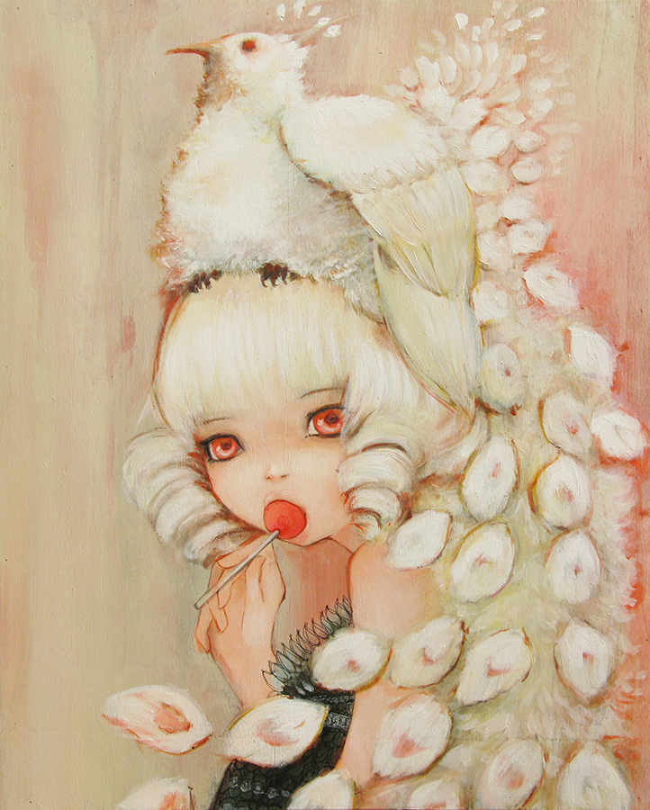 camilla d'errico, 1girl, albino, animal, animal on head, bird, bird on head, candy, female focus, food, lollipop, on head, peacock, pink theme, red eyes, solo, what, white hair, white theme