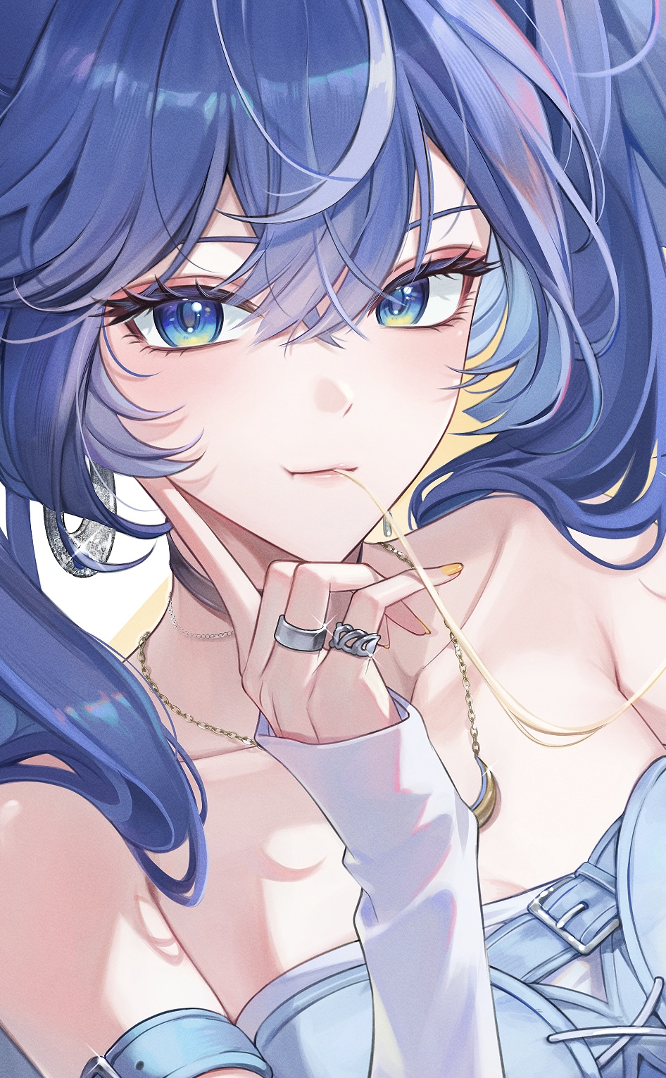iuno (wuthering waves), wuthering waves, commentary, highres, 1girl, bare shoulders, blue eyes, blue hair, breasts, cheese, cheese trail, closed mouth, collarbone, earrings, eating, food, hair between eyes, hand up, jewelry, long hair, looking at viewer, medium breasts, multicolored hair, nail polish, official alternate costume, ring, smile, solo, streaked hair, twintails, upper body, yellow nails, zani journey