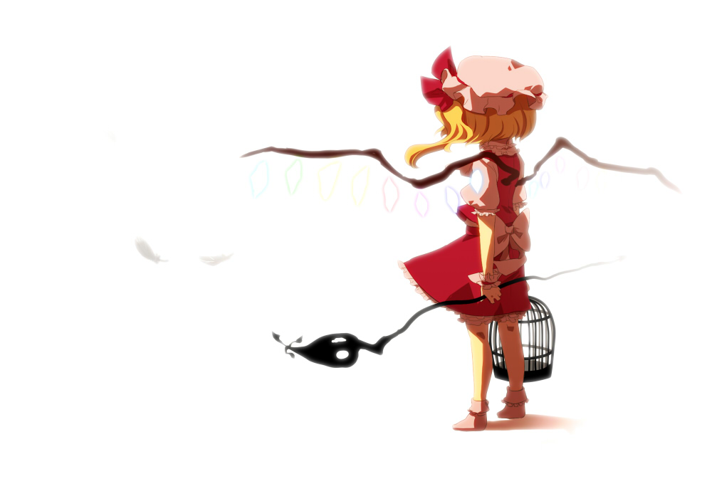 chaba (hortensia), flandre scarlet, embodiment of scarlet devil, touhou, bad id, bad pixiv id, 1girl, back, blouse, female focus, full body, hat, laevatein, mob cap, ribbon, shirt, solo, white background, white hat, white shirt