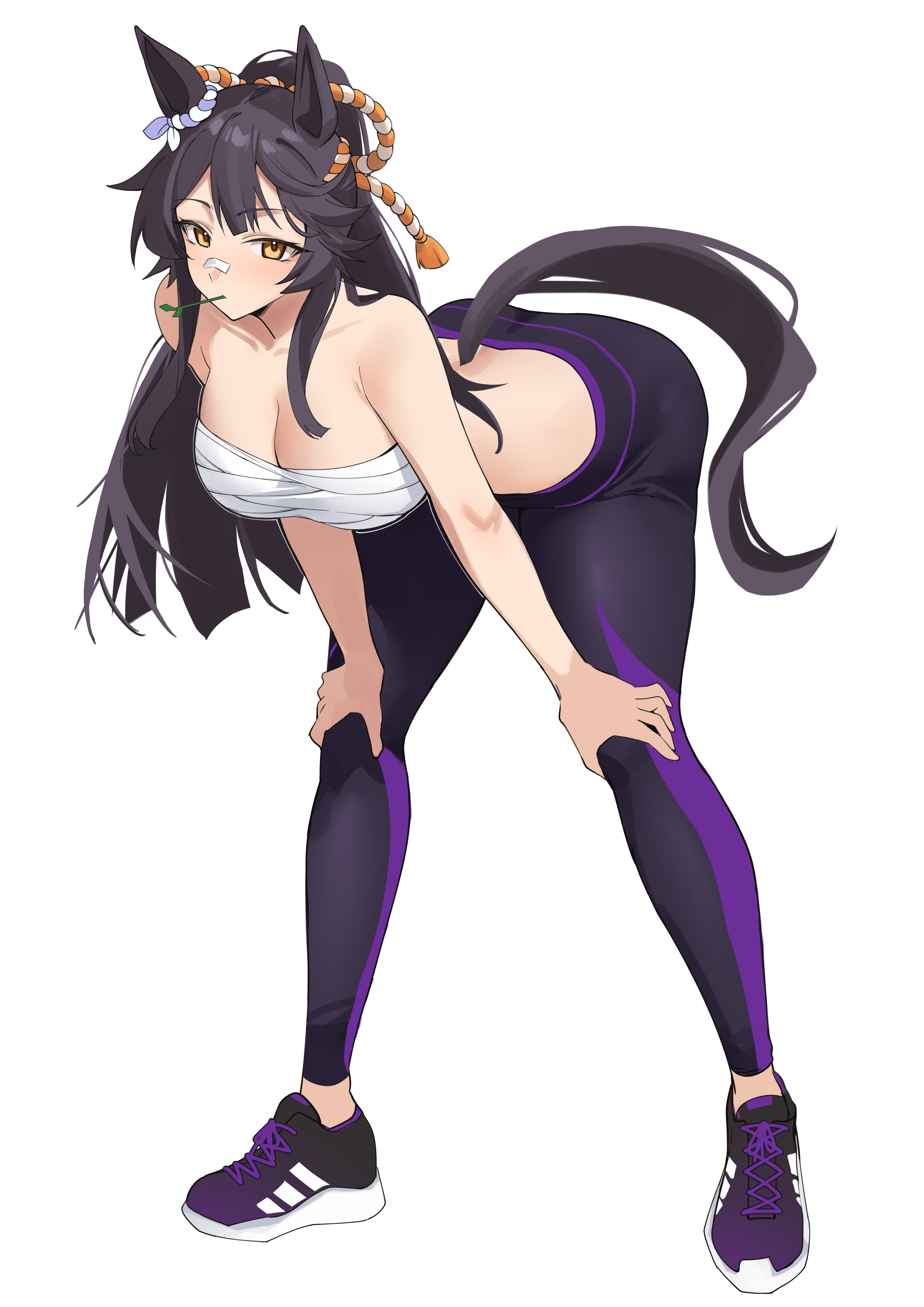 pinepin, narita brian (umamusume), umamusume, absurdres, commentary, highres, 1girl, animal ears, bandaid, bandaid on face, bandaid on nose, black hair, black leggings, black shoes, black tail, breasts, chest sarashi, cleavage, ear ornament, ear scrunchie, full body, hands on own knees, horse ears, horse girl, horse tail, large breasts, leaning forward, leggings, looking at viewer, ponytail, rope, sarashi, scrunchie, shimenawa, shoes, simple background, solo, striped clothes, striped scrunchie, tail, white background, yellow eyes