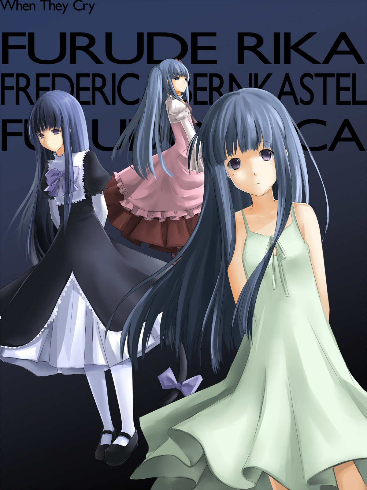 seleca, frederica bernkastel, furude rika, furudo erika, higurashi no naku koro ni, umineko no naku koro ni, highres, 3girls, blue hair, cat tail, company connection, creator connection, crossover, dress, in-franchise crossover, long hair, multiple girls, pantyhose, purple eyes, sundress, tail
