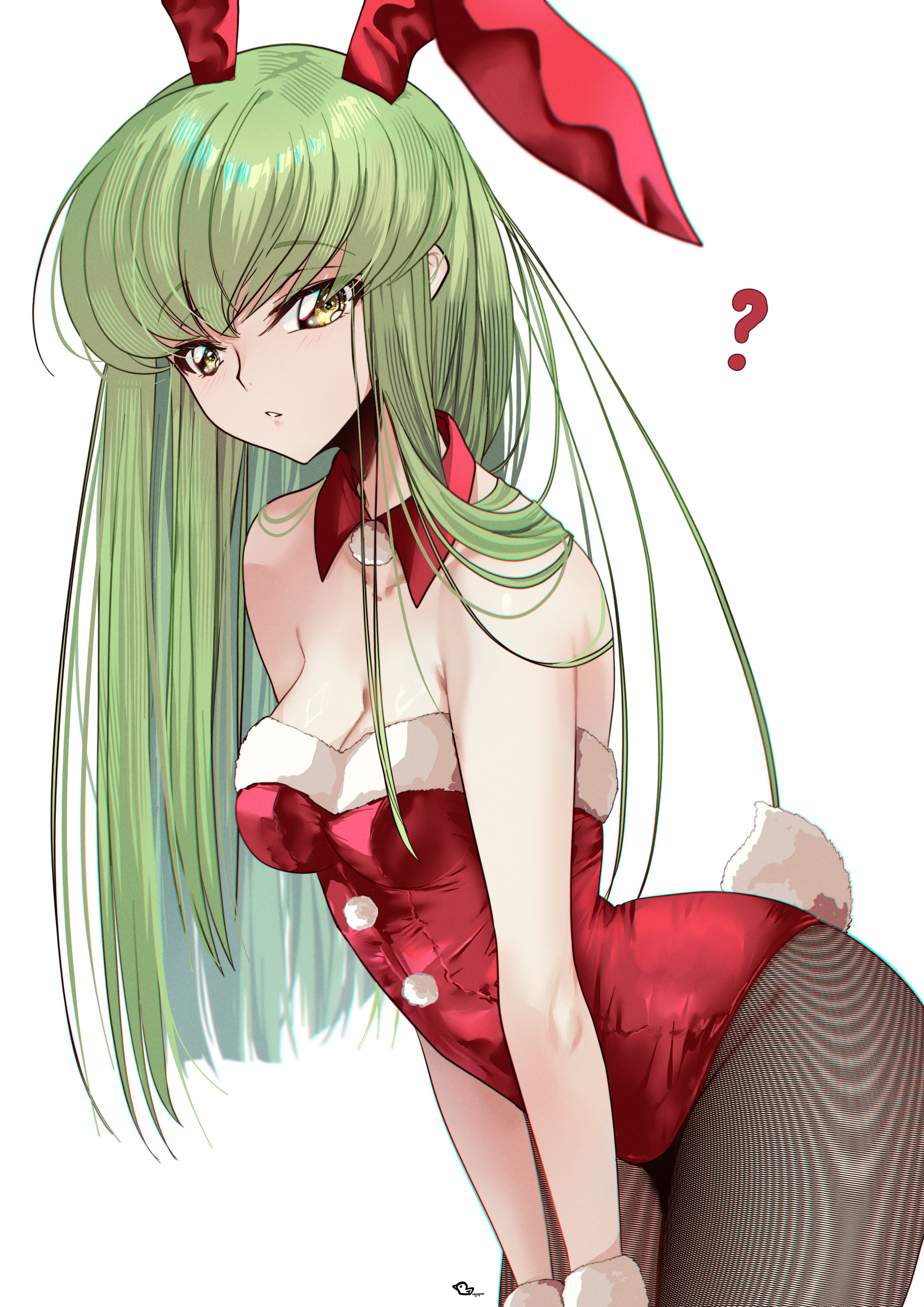 budgiepon, c.c., code geass, absurdres, commentary request, highres, 1girl, ?, animal ears, artist logo, bare shoulders, blush, bracelet, breasts, cleavage, detached collar, fishnet pantyhose, fishnets, fur-trimmed leotard, fur bracelet, fur trim, green hair, jewelry, leotard, logo, long hair, looking at viewer, medium breasts, pantyhose, playboy bunny, rabbit ears, rabbit tail, red leotard, tail, yellow eyes