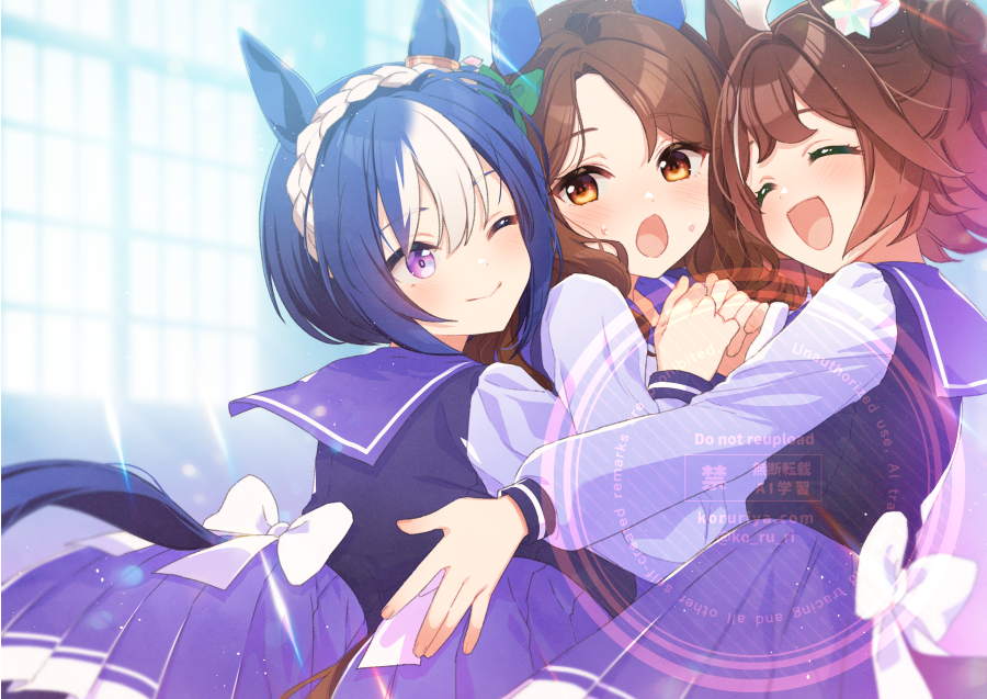 koruri, cesario (umamusume), king halo (umamusume), rhein kraft (umamusume), umamusume, commentary request, 3girls, :d, ^ ^, animal ears, blue hair, blush, bow, braid, brown eyes, brown hair, closed eyes, closed mouth, girl sandwich, group hug, hair bun, hair rings, horse ears, horse girl, horse tail, hug, long sleeves, medium hair, multicolored hair, multiple girls, open mouth, pleated skirt, puffy long sleeves, puffy sleeves, purple eyes, purple shirt, purple skirt, sandwiched, school uniform, shirt, short hair, sideways, single side bun, skirt, smile, sunlight, tail, team ascella, tracen school uniform, two-tone hair, white bow, white hair