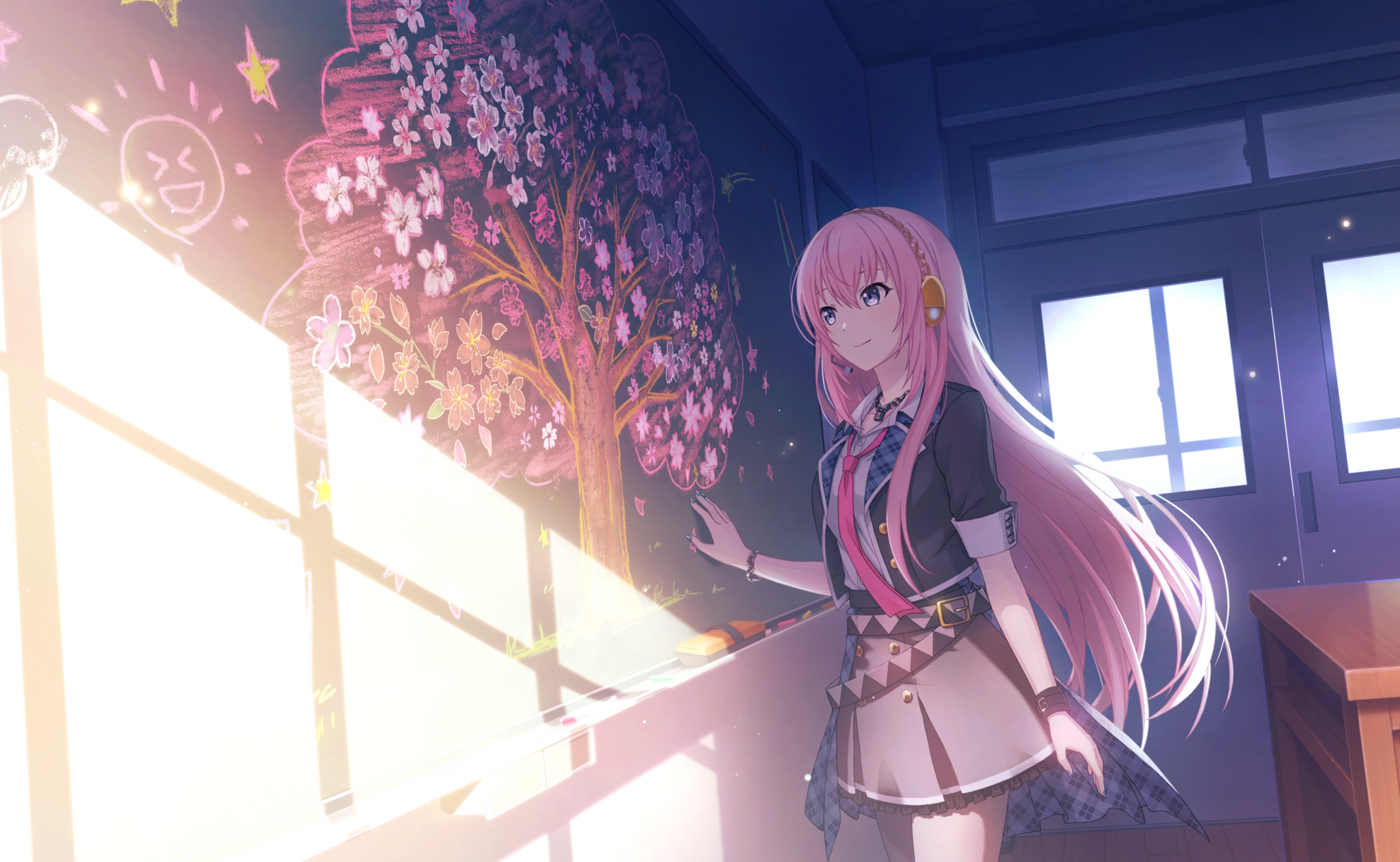 colorful palette, leo/need luka, megurine luka, project sekai, vocaloid, game cg, highres, official art, third-party source, 1girl, belt, black belt, black jacket, cherry blossoms, classroom, closed mouth, collared shirt, grey skirt, headset, jacket, jewelry, light particles, long hair, necklace, necktie, open clothes, open jacket, pink hair, pink necktie, purple eyes, sekai no sakura tsunagaru omoi (project sekai), shirt, skirt, smile, solo, star (symbol), tree, very long hair, white shirt