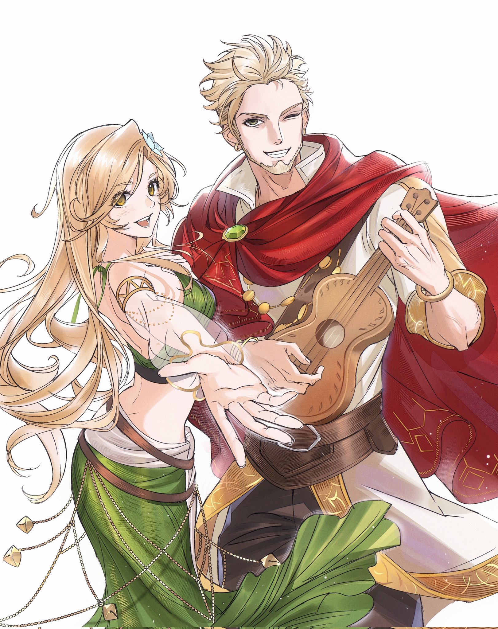 octopath traveler, octopath traveler: champions of the continent, commentary, highres, symbol-only commentary, 1boy, 1girl, bare shoulders, beard, black pants, blonde hair, blue flower, breasts, brown eyes, chinstrap beard, cloak, collared shirt, cowboy shot, crop top, dancer, detached sleeves, facial hair, flower, gem, gold bangle, gold trim, goodwin (octopath traveler), green gem, green shirt, green skirt, grin, hair flower, hair ornament, holding, holding instrument, instrument, keta040429, long hair, long skirt, medium breasts, midriff, music, octopath traveler 0, one eye closed, open mouth, outstretched hand, pants, parted bangs, playing instrument, red cloak, robe, saoirse (octopath traveler), see-through clothes, see-through sleeves, shirt, short hair, skirt, smile, teeth, white background, white robe